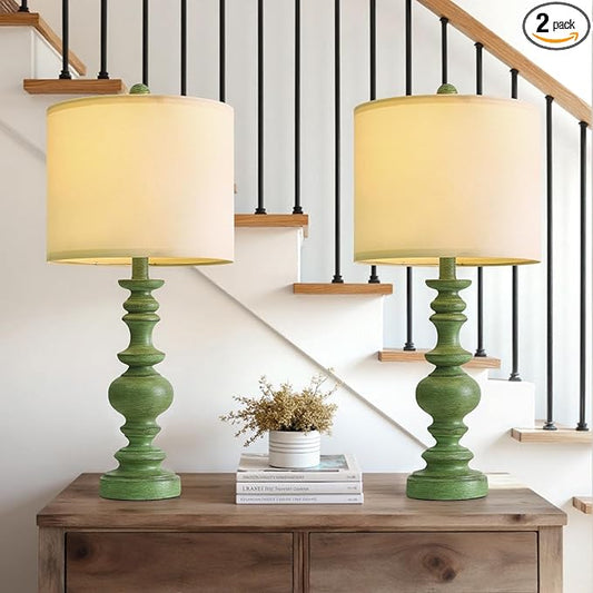 BOBOMOMO 24" Farmhouse Table Lamps Set of 2 – Sage Green Bedside Lamps with Linen Shades, Medium Traditional Lamps for Living Room, Bedroom, and Entryway, Vintage Lamp with Soft Natural Serenity - Bloomnest