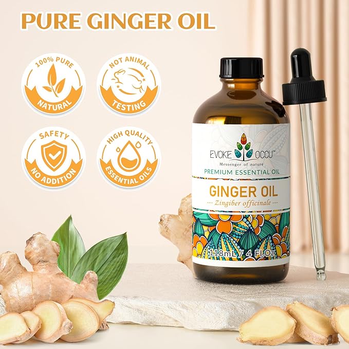 EVOKE OCCU 100% Pure Ginger Oil, Natural Ginger Essential Oil for Massage, Diffuser, Hair, Skin, DIY - 4 Fl Oz - Bloomnest
