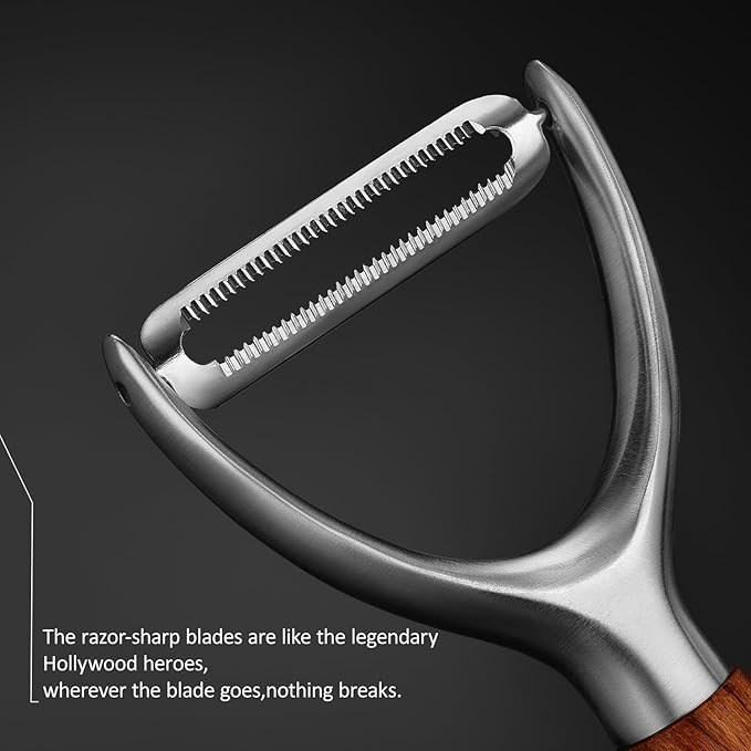 Premium high-end rosewood handle and 304 stainless steel serrated blade - ultra-sharp KULUNER Y-shaped rotary peeler for potatoes, fruits and vegetables, ergonomically designed for easy peeling - Bloomnest
