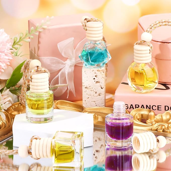 60 Pcs Hanging Car Air Freshener Car Diffuser Bottle Empty Glass Perfume Bottles Air Freshener Diffuser Bottle Pendant for Essential Oils Fragrance Aromatherapy Ornament Decor (Various Style) - Bloomnest