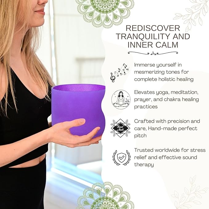Purple B Note Crown Chakra 8 inch Quartz Crystal Singing Bowl, for Healing Mindfulness Meditation Yoga Sound Baths, with Case Rubber Mallet