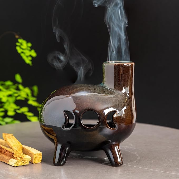 Handcrafted Ceramic Palo Santo Holder Burner with Green Glaze - Modern Footed Pottery Incense Chimney Dish - Great for Meditation - Wood Sticks, Sage, Ash Catcher Bowl, Cone Compatible.