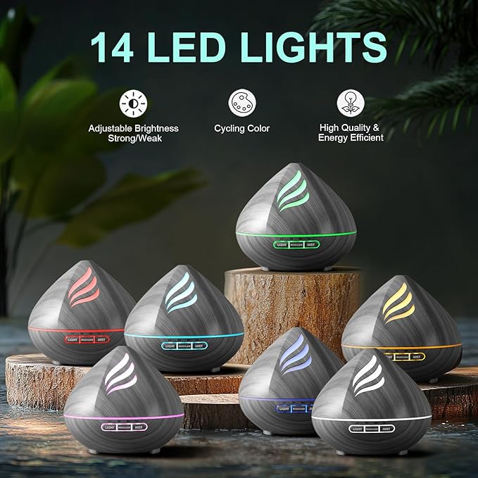 Essential Oil Scent Diffuser: 500ML Aroma Diffuser with Remote Control, Large Fragrance Aromatherapy Diffuser for Bedroom Home, Mist Humidifier with 14 Colors LED Lights and waterless Auto-Off, Grey