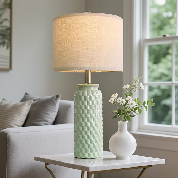 24" Modern Ceramic Green Bedside Lamp Set of 2 Table Lamp for Bedroom Decor Farmhouse Table Lamp for Living Room Office Dorm - Bloomnest