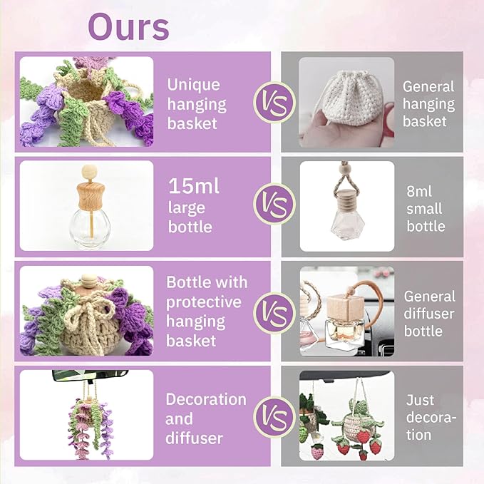 Crochet Car Air Freshener, 15ml Empty Refillable Oil Diffuser Bottle with Crochet Violet Hanging Plant for Car Rearview Mirror Decor, Handmade Home&Office Decor - Bloomnest