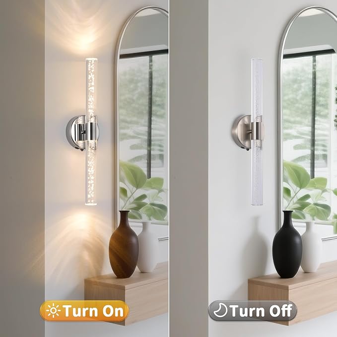 Modern LED Battery Operated Wall Sconces Set of Two, Dimmable Bathroom Crystal Wall Sconce, USB Rechargeable Brushed Nickel Vanity Wall Lamp, Bubble Wall Lights For Bedroom, Living Room. 20-Inch - Bloomnest