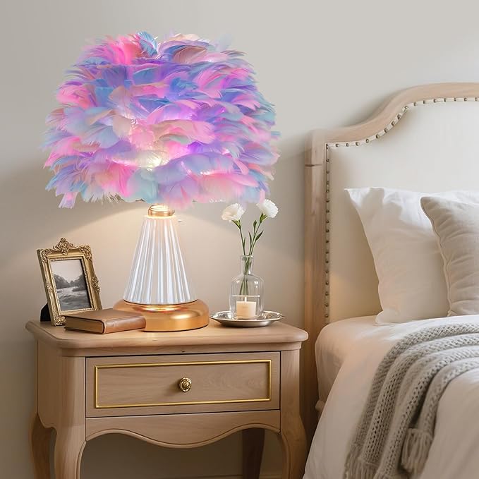 Colorful Feather Table Lamp Cute Ceramic Fluffy Bedside Lamp Princess Furry Nightstand Light Girl Romantic Desk Lamp for Girl Bedroom Living Room Office Nursery Valentines Wedding Decor - Bloomnest