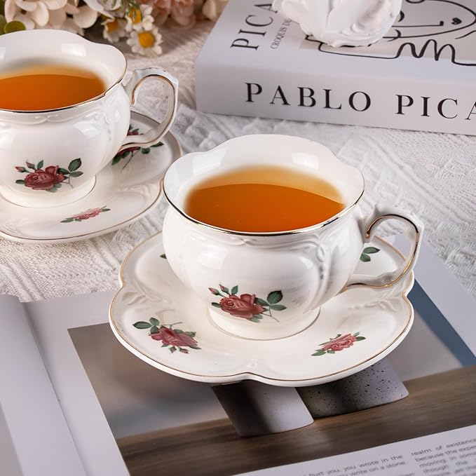 KAMMAK Tea Cups and Saucers Set of 2, Porcelain Coffee Cups, 6.8-Ounce Stackable Espresso Mugs, Ceramic Demitasse for Coffee, Latte, Americano, Tea, Baroque Rose - Bloomnest