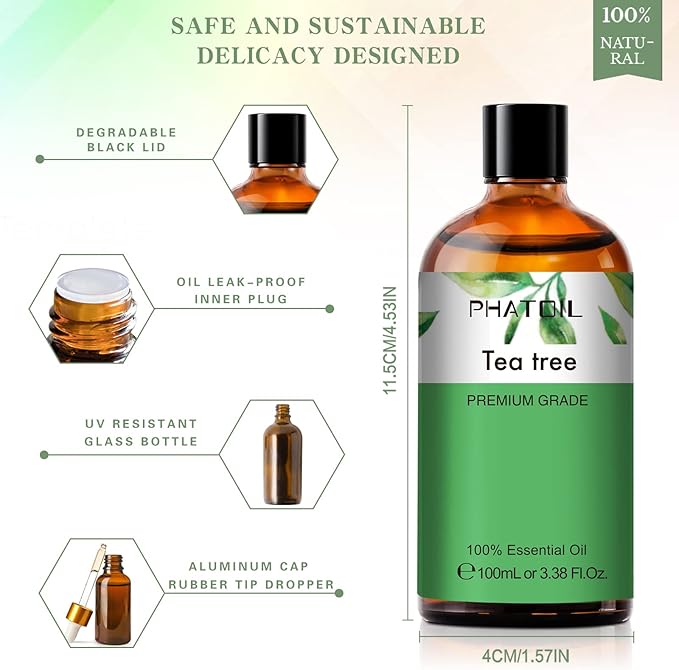 Tea Tree 3.38fl.oz Essential Oil, PHATOIL Pure Aromatherapy Oils for Diffuser, Humidifier, Perfect for DIY Soap, Candle, Bath Bombs Making(100ml) - Bloomnest
