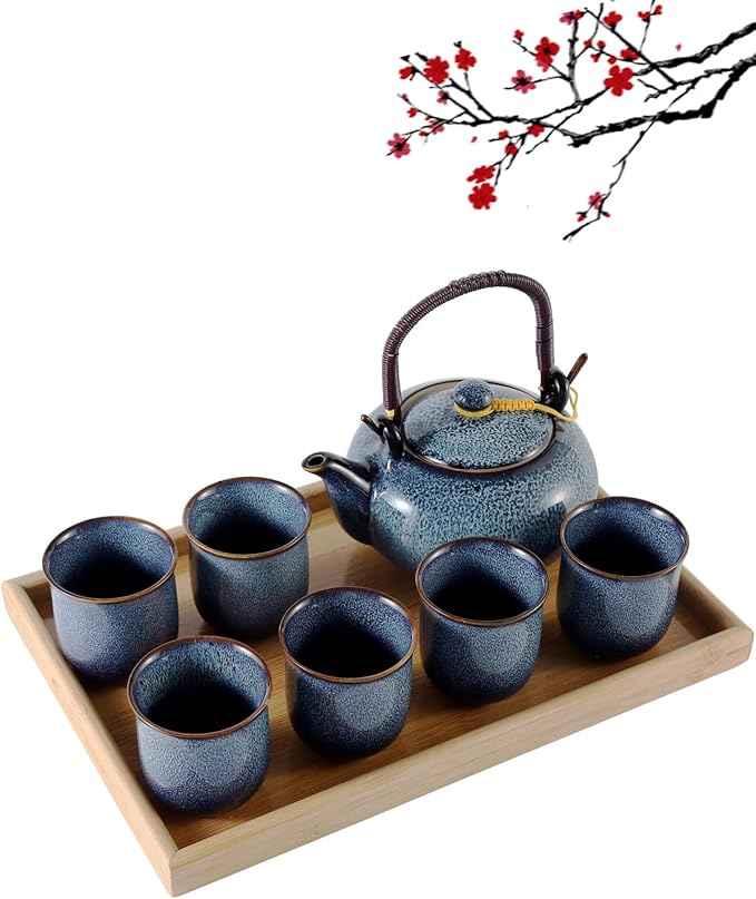 DUJUST Japanese Tea Set for 6, Kiln Altered Glaze Porcelain Tea Set with 1 Teapot, 6 Tea Cups & 1 Tea Tray, Unique Chinese Tea Sets for Adults/Tea Lovers/Women/Men, Blue - Bloomnest