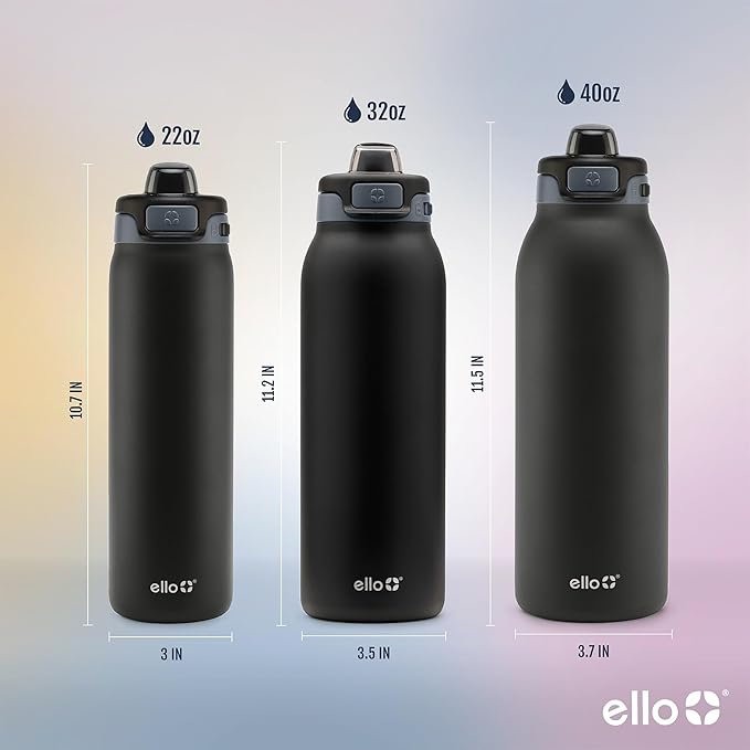 Ello Pop & Fill Insulated Stainless Steel Water Bottle with Quick Fill Lid, Leakproof Locking, Sip or Chug Spout, BPA-Free, Double Wall Vacuum Insulated for Sports, Travel & School- 22oz / 32oz / 40oz Ello