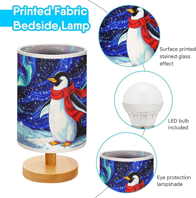 Penguin Table Lamp LED 3-Color Pressed Bedside for Merry Christmas, Penguin Shade Christmas Table Lamp with Wood Base for Bedroom Living Room Desk Office - Bloomnest
