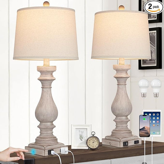 29" Tall Table Lamp for Living Room Set of 2,Vintage Bedside Nightstand Lamps with USB C+A Ports & AC Outlet,3-Way Dimmable Touch Control Desk Lamp for Bedroom,Color 2 - Bloomnest