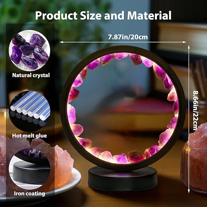 Runyangshi Amethyst Night Lamp 8.6" Natural Healing Crystal Bedside Lamp USB Port 3 Colours Dimming Mode Bedroom Lamp Suitable Night Light for Living Room Bedroom Office Home Decor Ideal Gift - Bloomnest