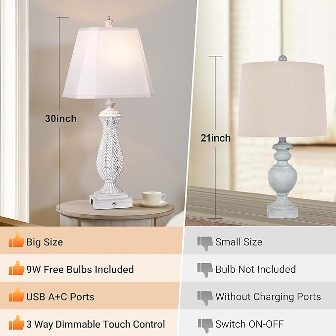 3-Way Dimmable Table Lamps for Bedrooms Set of 2, 30" H Touch Lamps for Living Room with with USB & Type-C Ports, White Mermaid Bedside Lamp for Nightstand, Resin Farmhouse Rustic Lamp with 2 Bulb - Bloomnest