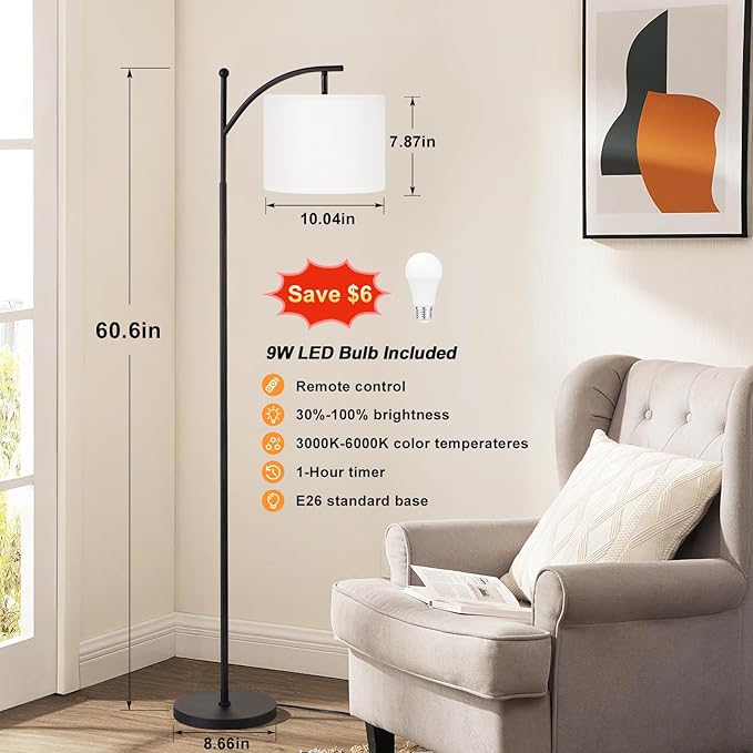 60" Floor Lamps with Remote Control & Bulb, Colors Temperature & Brightness Adjustable, White Shade & Black Pole - Bloomnest