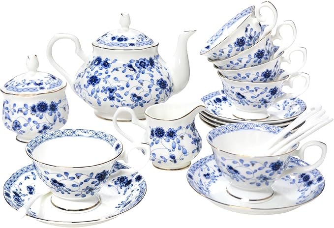 Bone China Tea Set, 21-Pieces Porcelain Tea Set for Adults, Tea Cups And Saucers for 6, with Teapot, Spoons, Sugar Bowl, Creamer Pitcher, Vintage Tea Set for Women Tea Party (Blue) - Bloomnest