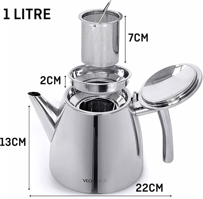 VeoHome Stainless Steel Tea Pot with Infuser - Keeps Heat Thanks to its Double Wall, Silver (1 Liter (34 oz))… - Bloomnest