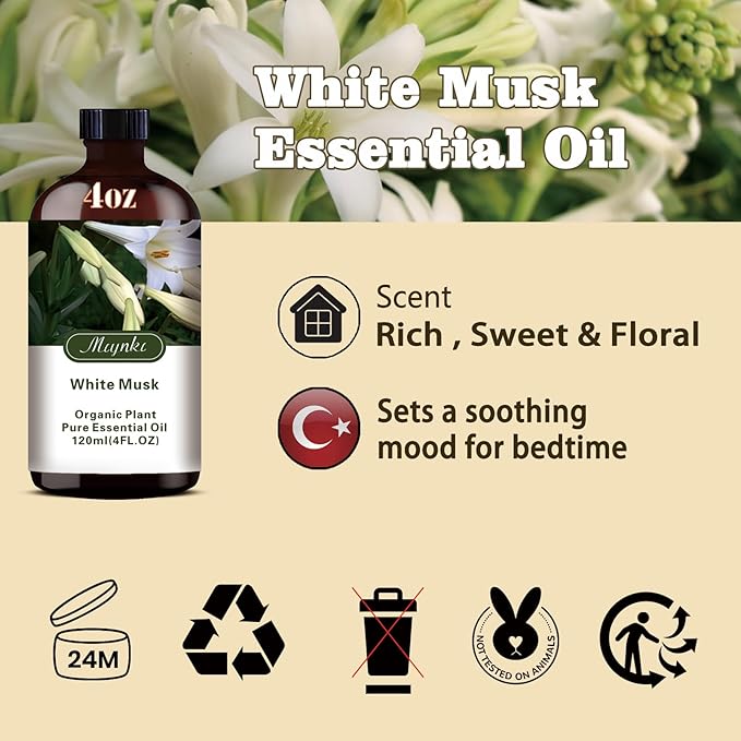White Musk Fragrance Oil-White Musk Essential Oil 4.33oz (130ml)-100% Pure Natural Scent for Diffusers, Candles, Soap Making & Aromatherapy-Relaxing Home & Gift Essential Oil for Bath, Massage - Bloomnest