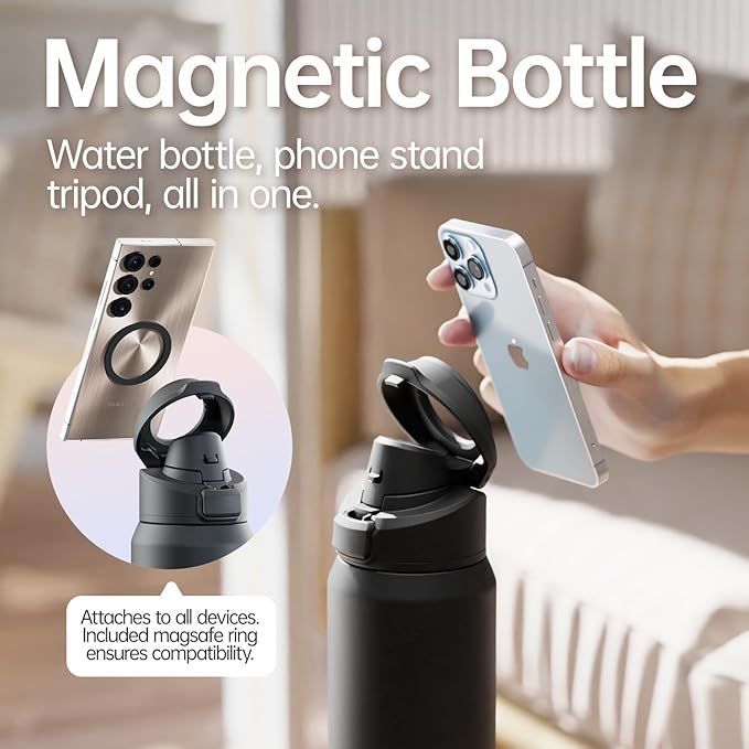 64oz Insulated Magnetic Water Bottle - Stainless Steel Vacuum Flask with MagSafe Compatible Phone Holder Keeps Drinks Cold for 24 Hours Water Jug for Gym and Outdoor Activities（Balck) Magcheer