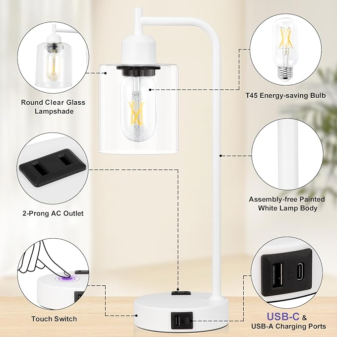 Innqoo Industrial White Table Lamps for Bedrooms Set of 2-3-Way Dimmable Desk Lamp with USB C+A Ports and Outlet, White Lamps with Clear Glass Shade for Living Room - Bloomnest