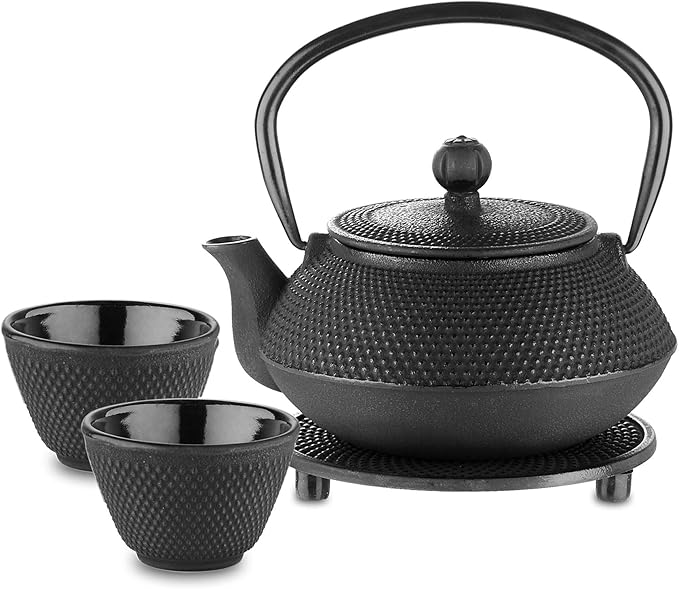 Velaze Cast Iron Teapot Set,Japanese Teapot Heat Preservation with Trivet,Stainless Steel Infuser and 2 Cups,Durable Cast Iron with a Fully Enameled Interior,Beautiful Hammered Design,700ML/23oz - Bloomnest