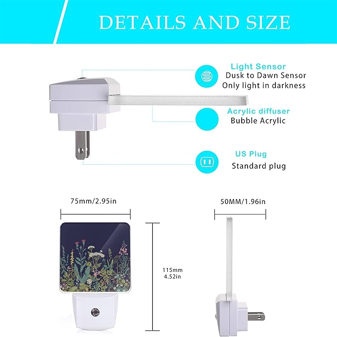 Herbs and Wild Flowers Night Light,Night Lights Plug into Wall 0.5W Sleep Friendly for Boys Girls Led Night Light Dusk to Dawn Sensor Nightlight for Stairway/Hallway/Bedroom - Bloomnest