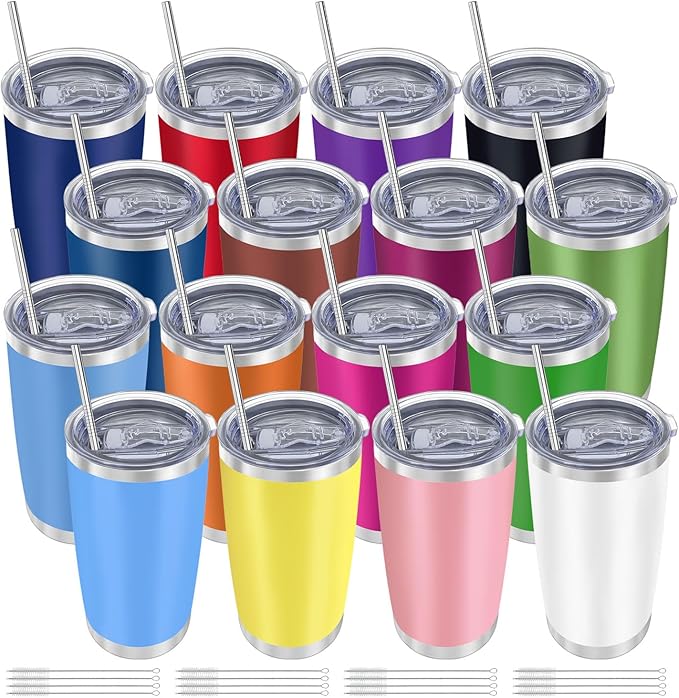 YOUKE OLA 16 Pack Insulated Coffee Tumbler - 20oz Stainless Steel Double Wall Vacuum Travel Tumbler Cup with Lid and Straw for Cold & Hot Drinks (Mixed Colors) - Bloomnest