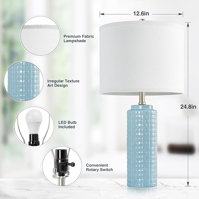 Luvkczc 24.8" Modern Ceramic Bedside Lamps Set of 2, 3 Color Temperature & Bulbs Included - Nightstand Lamps for Bedroom, Living Room, Office, Entryway Decor - Bloomnest