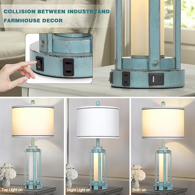 Farmhouse Lamps Set of 2, 26" Vintage Rustic Industrial Beside Lamps with USB A+C Charging Ports & AC Outlet, Nightstand Metal Lamp with LED Night Light & Fabric Shade for Living Room Bedrooms Blue - Bloomnest