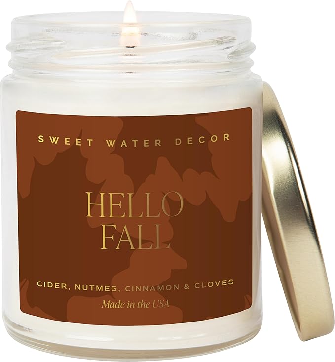 Sweet Water Decor Hello Fall Candle - Cinnamon Apples Cloves & Nutmeg Fall Scented Candle for Home Decor - 100% Cotton Wick Halloween Candle with 40 Hour Burn Time - Made in The USA - 9oz Clear Jar - Bloomnest