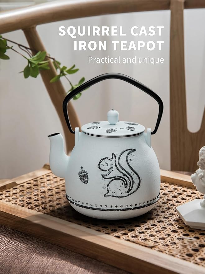 Toptier Teapot with Removable Infuser, Cast Iron Tea Kettle Stovetop Safe, Squirrel Design Tea Pot Coated with Enameled Interior for 32 Ounce (950 ml), Light Blue - Bloomnest