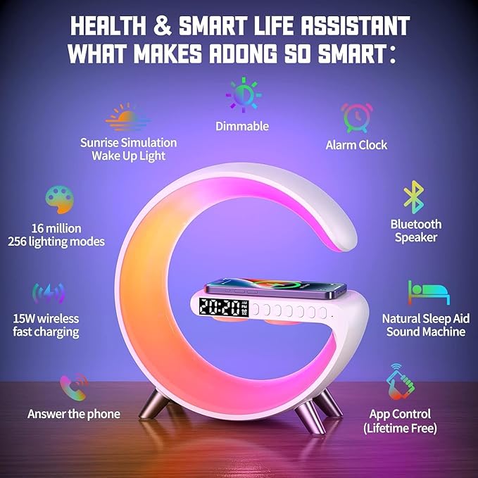 Smart LED Table Lamp, 4-in-1 Wireless Charger, Night Light, Alarm Clock, and Bluetooth Speaker with App Control for Bedroom, Office, and Home Decor (White) - Bloomnest