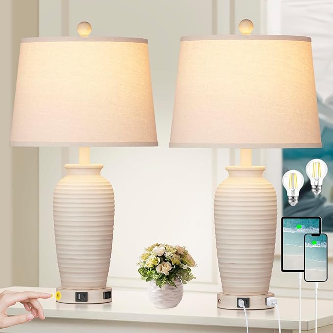 24.3" Farmhouse Jar Table Lamps Set of 2, 3 Way Touch Control Rustic Bedside Lamps with USB A+C Ports & AC Outlet, Pot Nightstand Lamps for Bedroom Living Room (LED Bulbs Included) - Bloomnest