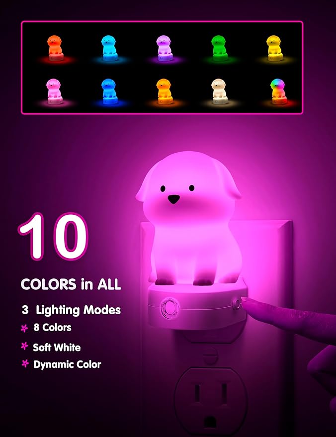 L LOHAS LED Plug in Night Light for Kids 2 Pack, 3D Cute Puppy Night Lights with Dusk to Dawn Sensor, RGB+Soft White 3000K Dog Night Light, Christmas Birthday Gift Nightlight for Kids, Room Decor - Bloomnest