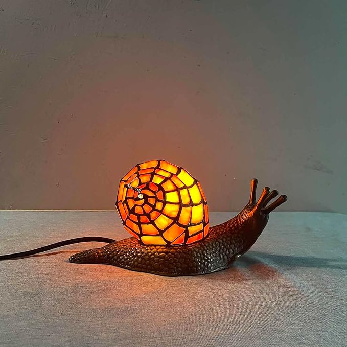 Bieye L10963 Land Snail Tiffany Style Stained Glass Accent Table Lamp for Home Decoration (Orange, 10" D x 5" W x 5" H) - Bloomnest