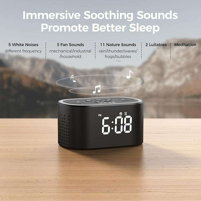 Reacher Digital Alarm Clock & White Noise Sound Machine, 21 Soothing Sounds, 7 Wake Up Sounds, 8 Night Lights, 32-Level Volume, 9 Sleep Timer, Memory Function for Adult, Kid, Bedside, Bedroom - Bloomnest