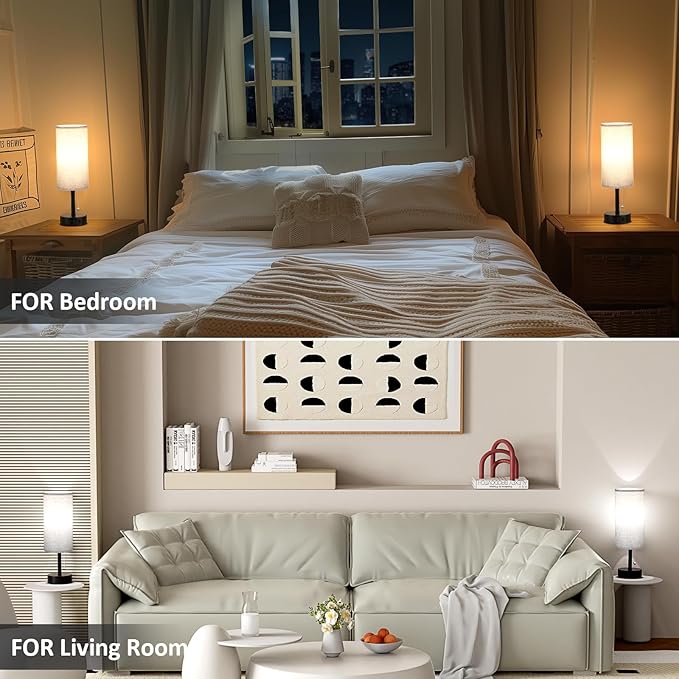 Fenmzee Grey Bedside Table Lamps Set of 2-3 Color Temperatures Pull Chain Lamp with AC Outlet Charging Port, Round Night Stand Lamps for Bedroom Office, Small Bed Side Light with E26 LED Bulbs - Bloomnest