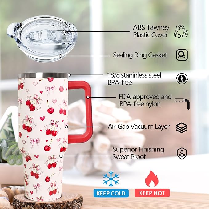 40oz Cherry Bow Coffee Mug Cup Water BottlesTumbler With Handle Lid and Straw,Cherry Decor Stuff Accessories - Bloomnest