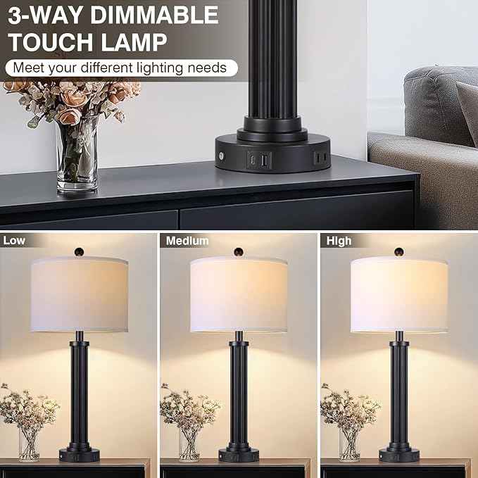 28" Tall Modern Table Lamps Set of 2 with USB C+A Ports and AC Outlet, 3 Way Touch Metal Bedside Lamps for Living Room, Black Nightstand Lamps for Bedroom - Bloomnest