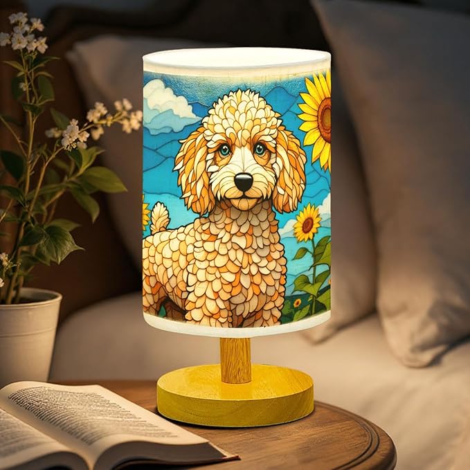 Poodle Table Lamp LED 3-Color Pressed Bedside, Dog Shade Lamp with Wood Base for Bedroom Living Room Desk Office - Bloomnest