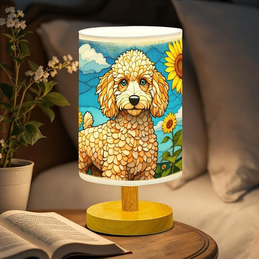 Poodle Table Lamp LED 3-Color Pressed Bedside, Dog Shade Lamp with Wood Base for Bedroom Living Room Desk Office - Bloomnest