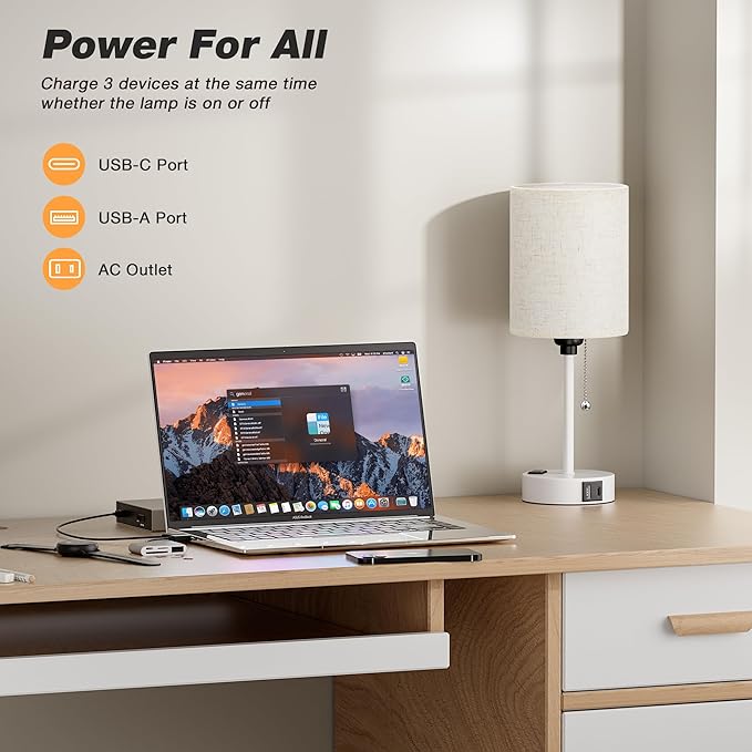 Small Bedside Lamp for Bedroom Nightstand - 3000K 4000K 5000K Bedside Lamps with USB C and A Ports, Pull Chain Table Lamps with AC Outlet, Nightstand Lamps with White Metal Base for Kids Reading - Bloomnest