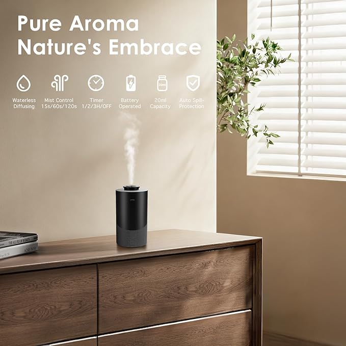 Waterless Essential Oil Diffuser for Home (Aluminum Alloy & Fabric) - Cordless Car Scent diffuser with 3 Timer & 3 Mist Levels - 2000mAh Battery Operated Scent Air Machine for Room Office Hotel, Black - Bloomnest