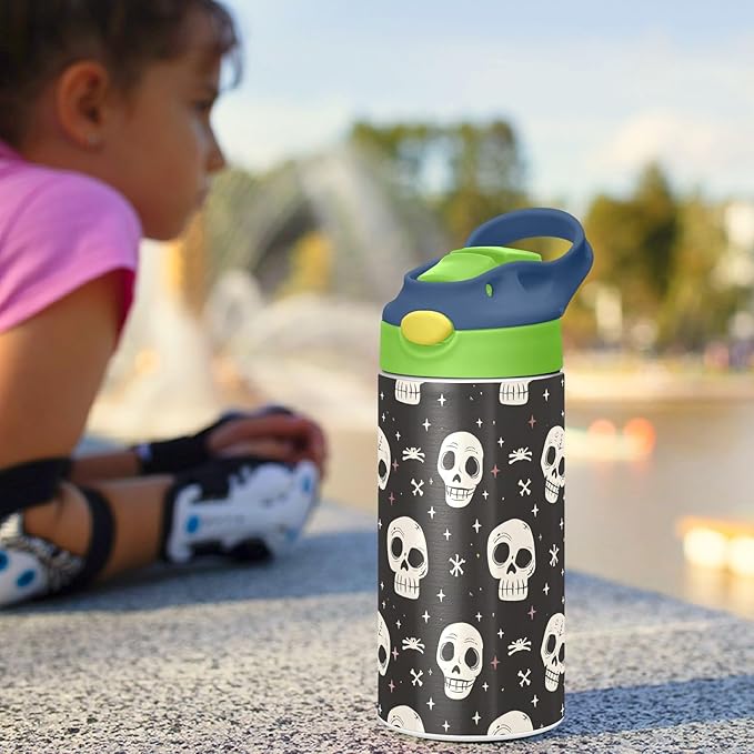 Human Skeleton Funny Skull Kids Water Bottle with Straw Lid Insulated Tumbler with Handle Stainless Steel Reusable Toddlers Cup for Kids Boys 12 oz - Bloomnest