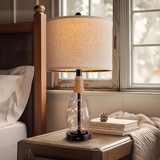 OYEARS 23" USB A+C Table Lamp for Bedroom Living Room Modern Bedside Lamps Retro Farmhouse Rattan Glass Nightstand Nightlight Lamps (Black),Two Light Points - Bloomnest