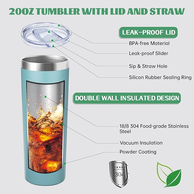 20 oz Skinny Tumbler with Lid and Straw,Stainless Steel Vacuum Insulated Tumbler Cup Double Wall Leak-proof Coffee Mug,Travel Thermal Water Tumbler for Home,Office,Outdoor (Glacier blue,8) - Bloomnest