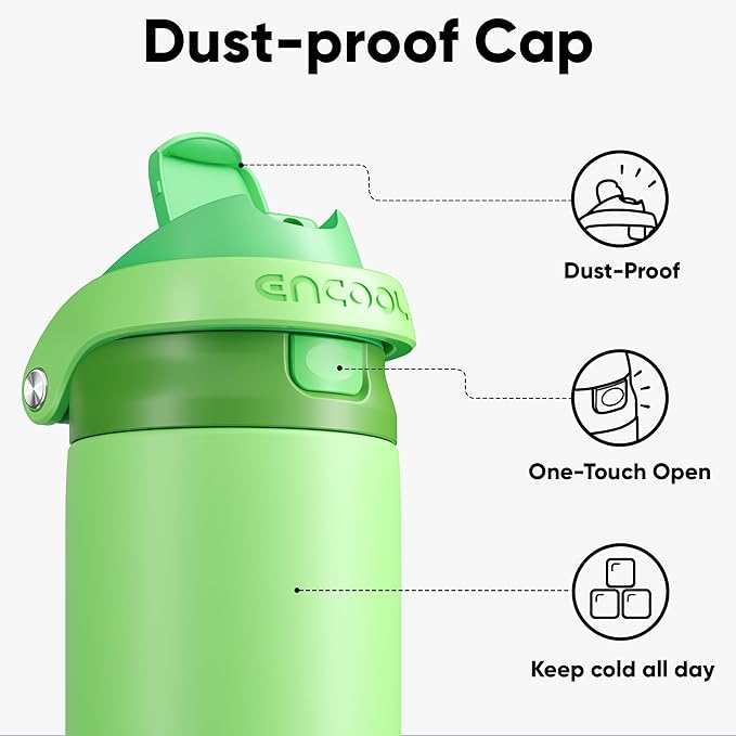 ENCOOL Leakproof Insulated Water Bottle with Straw Dual-Sip Water Bottle Bag-Safe Design for Work, Commute & Gym – Keeps Drinks Cold All Day, 18 oz, Algae Green ENCOOL