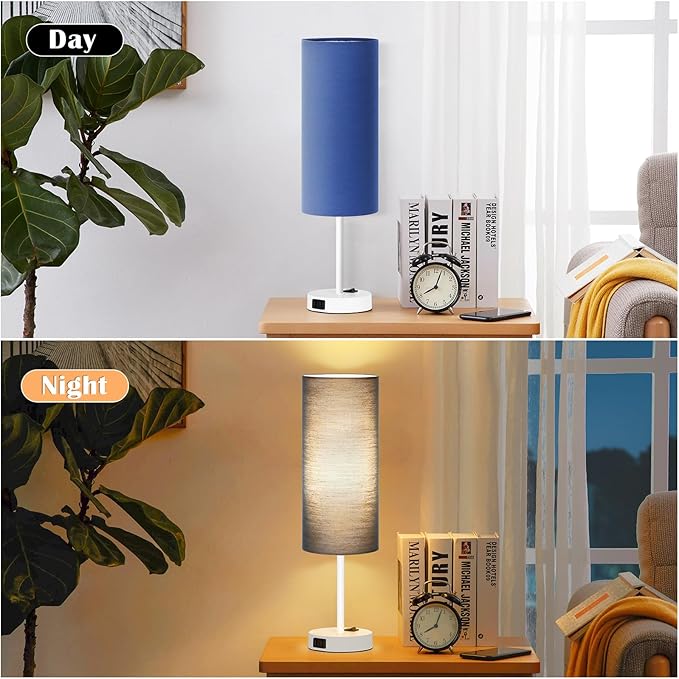 ZJOJO Table Lamp for Bedroom 2 Pack,18in Bedside Lamps with 3 Way Dimmable Rocker Switch & AC Outlet,Nightstand Desk Lamp with Blue Fabric Shade White Base for Living Room Home Decor Lights - Bloomnest