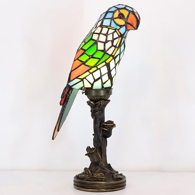 Small Tiffany Lamp Parrot Table Lamp Stained Glass Accent Lamp 15.3 Inch Tall Mini Desk Bedside Night Light for Kids Bedroom (Blue) - Bloomnest